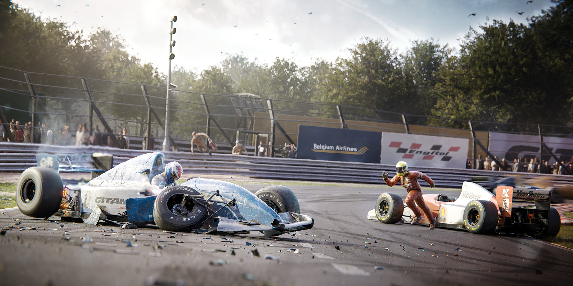 Ayrton Senna saves Erik Comas. Car Poster - Colors of Speed